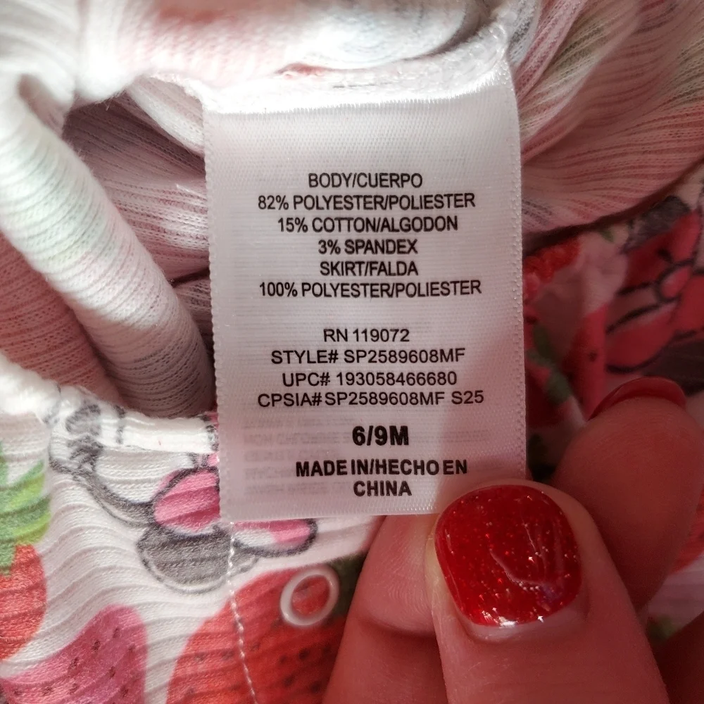 NWT Disney Baby Minnie Mouse Red & Pink Strawberry Romper w/ Headband 6/9 Months